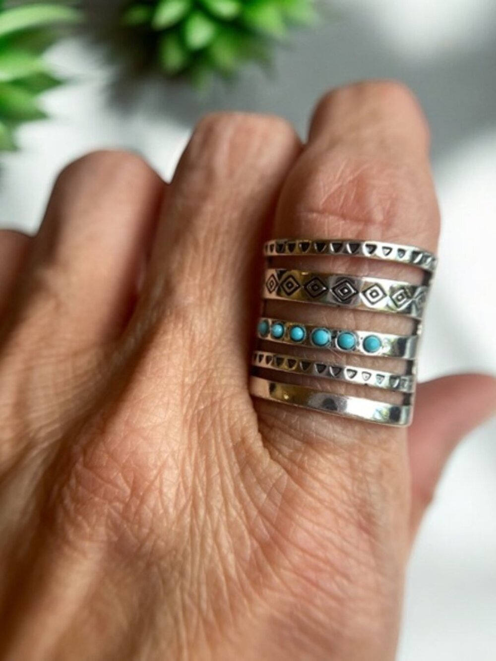 Vintage Wide Ring 925 Silver Plated Inlaid Turquoise Multi Layer Hollow Design
